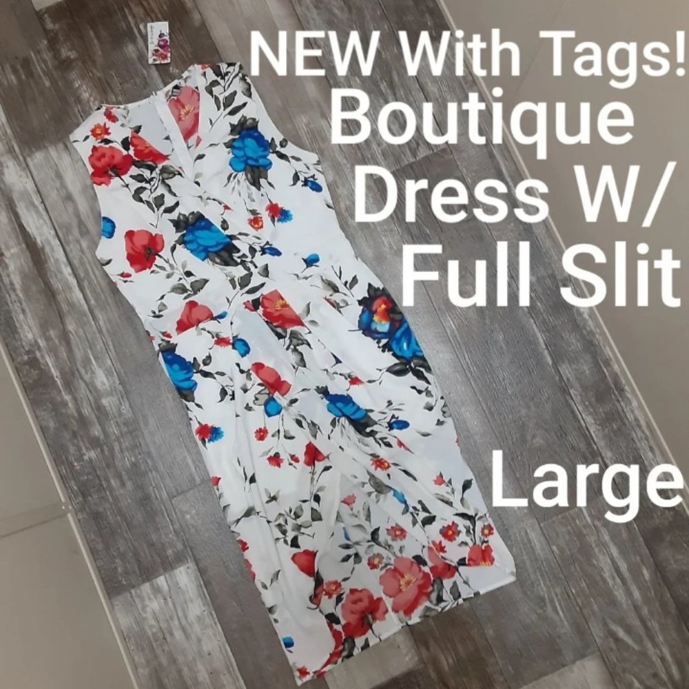 NWT Vijo Couture Boutique White Floral Dress With Wrap Front Slit Size Large